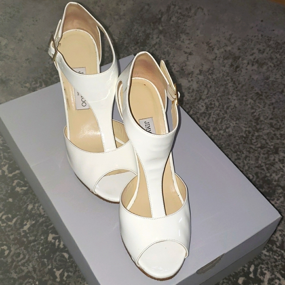 Jimmy Choo white/cream patent leather T strap wedges